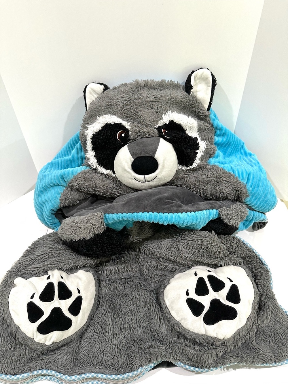 Hug Fun Animal Raccoon Sleeping Bag Nap Sack Plush Soft Kids Blue Grey Fuzzy 64”